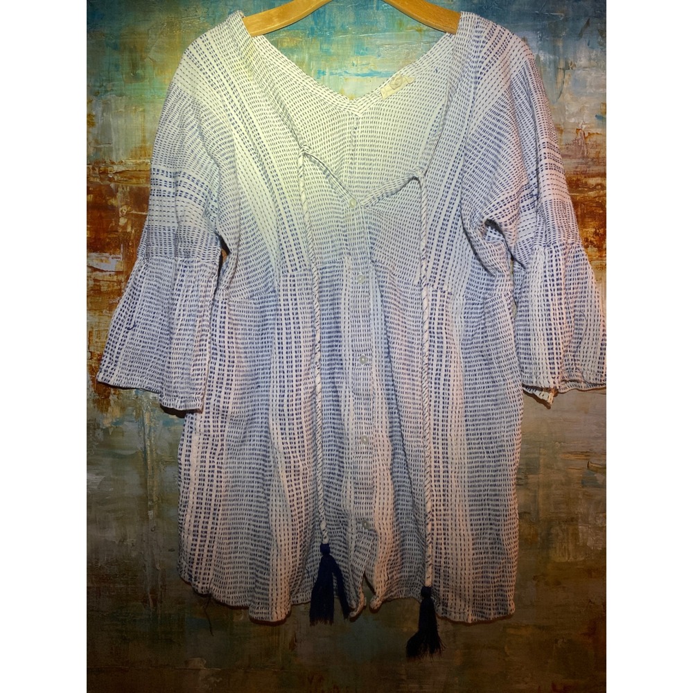 Indigo Thread Co Womens 2X Blue White Cotton Tassel Tie Bell Sleeve Tunic Top